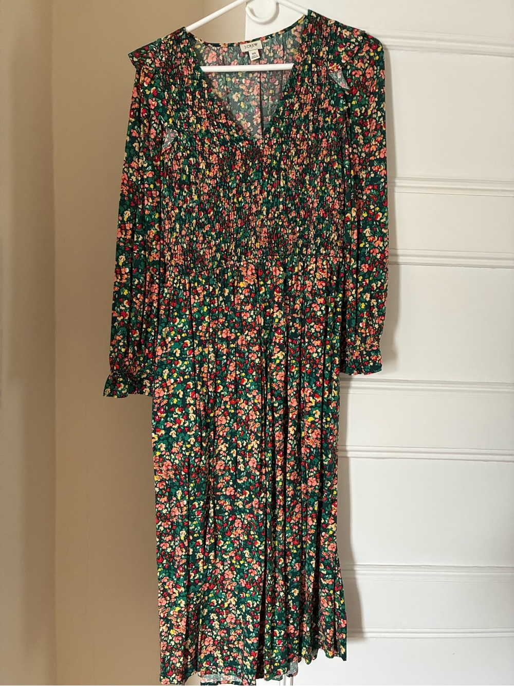 J. Crew Green Floral Shirred-Waist Midi Dress with Pink & Yellow Accents